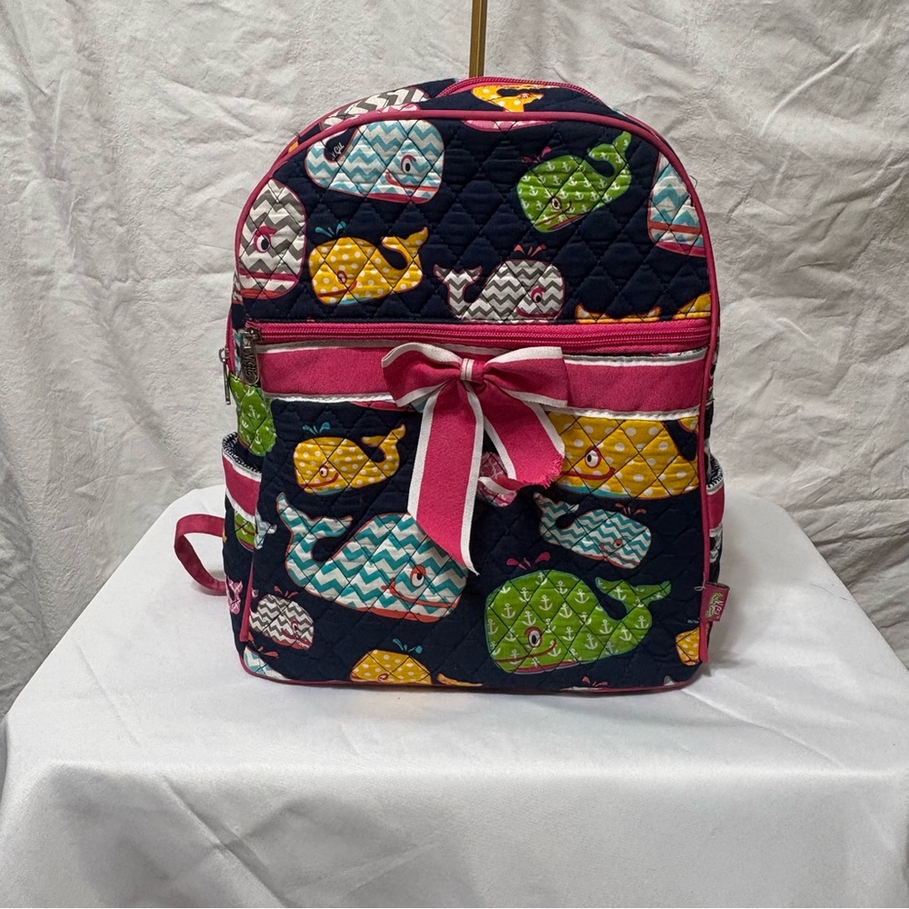 N.Gil Narwhal World quilted canvas backpack/diaper bag with whales and pink trim